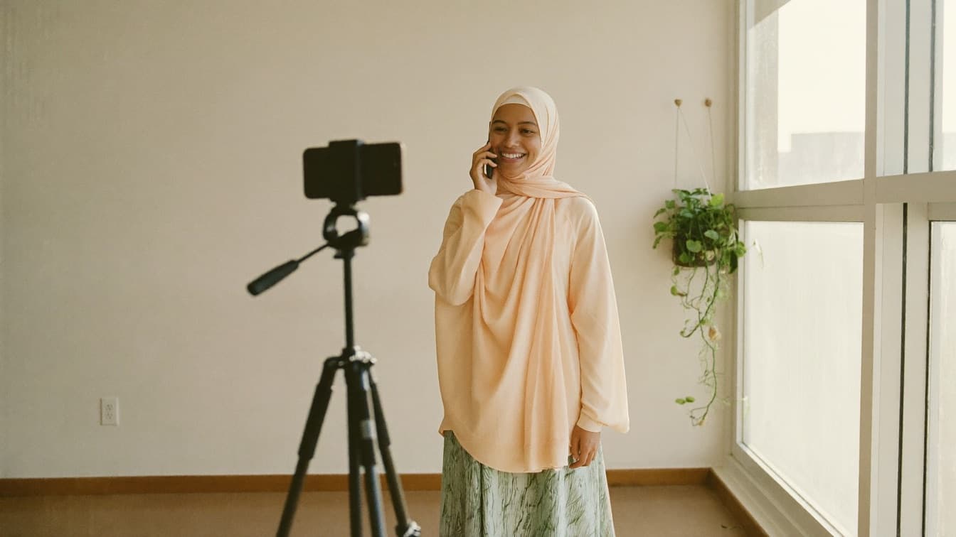 Seorang wanita muda bertudung pastel bercakap di telefon di sebelah telefon yang dipasang pada tripod dalam bilik cerah yang kosong