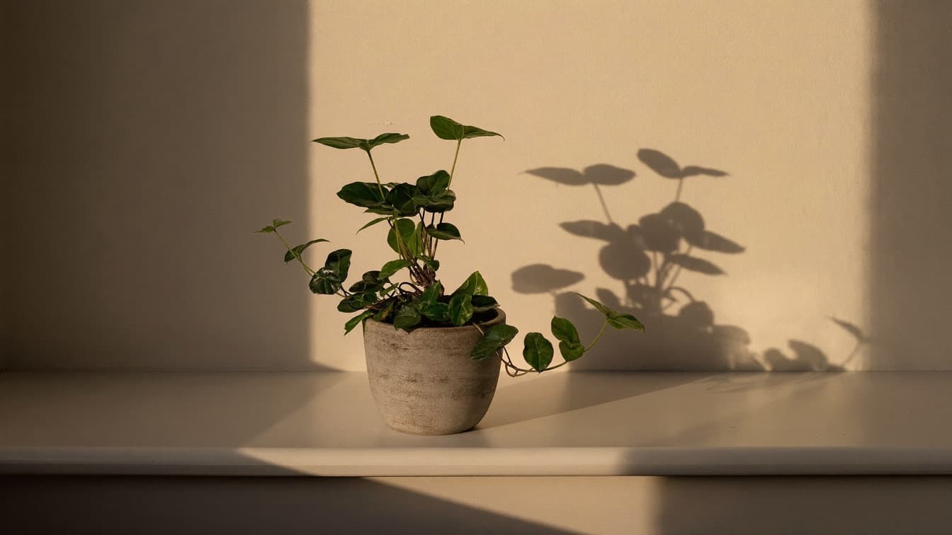 A small potted plant on a sunlit windowsill casting a soft leaf shadow on a plain cream wall