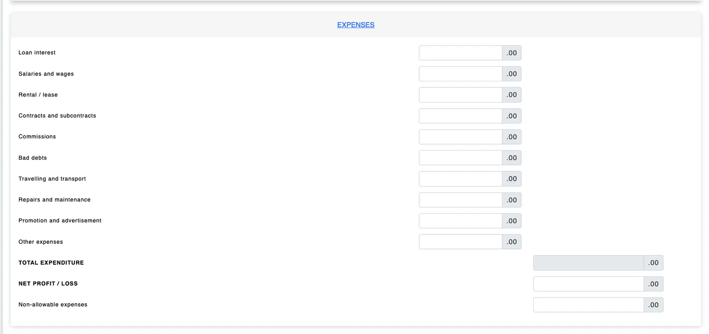 e-B Expenses section listing loan interest, salaries, rental, contracts, commissions, travel and other expense fields