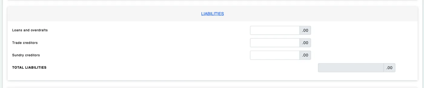 e-B Liabilities section with loans, trade creditors and sundry creditors fields