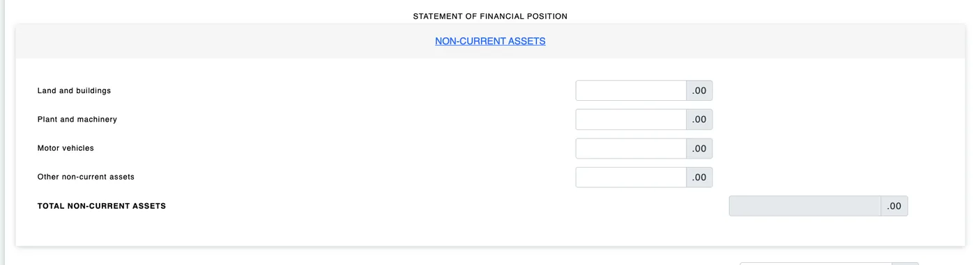 e-B Non-current assets section with land, plant and machinery, motor vehicles fields