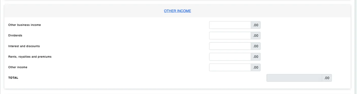 e-B Other Income section with dividends, interest, rents and other income fields