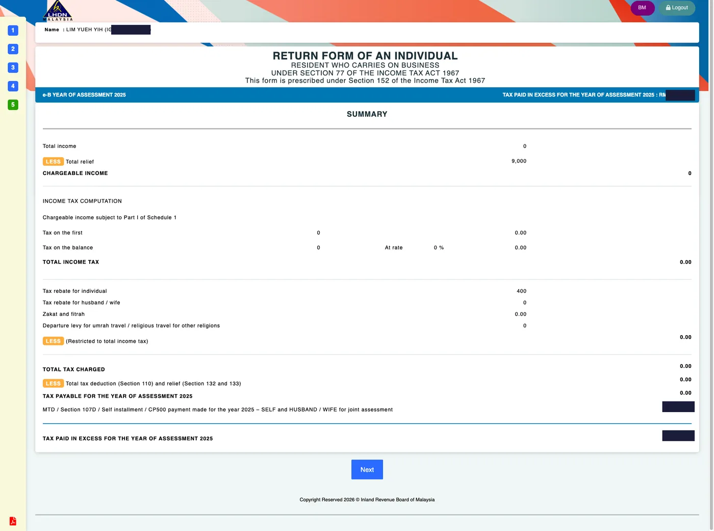 e-B Summary screen showing chargeable income, tax computation, rebates and final tax position with amounts redacted