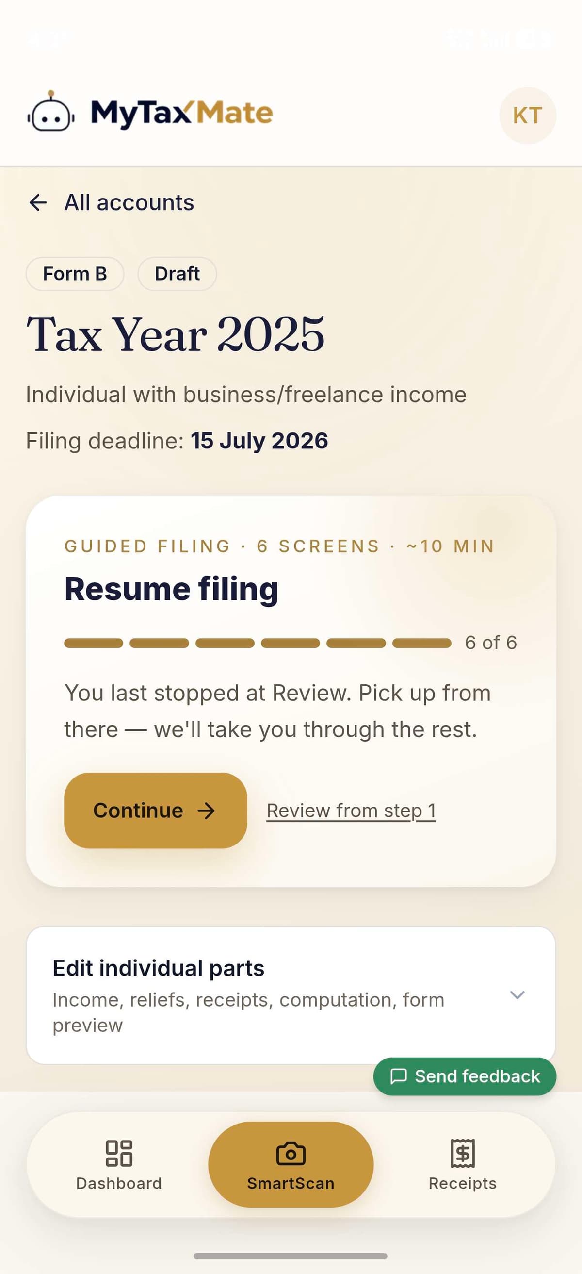 MyTaxMate guided filing screen — resume your Form B where you left off, six simple steps in about ten minutes