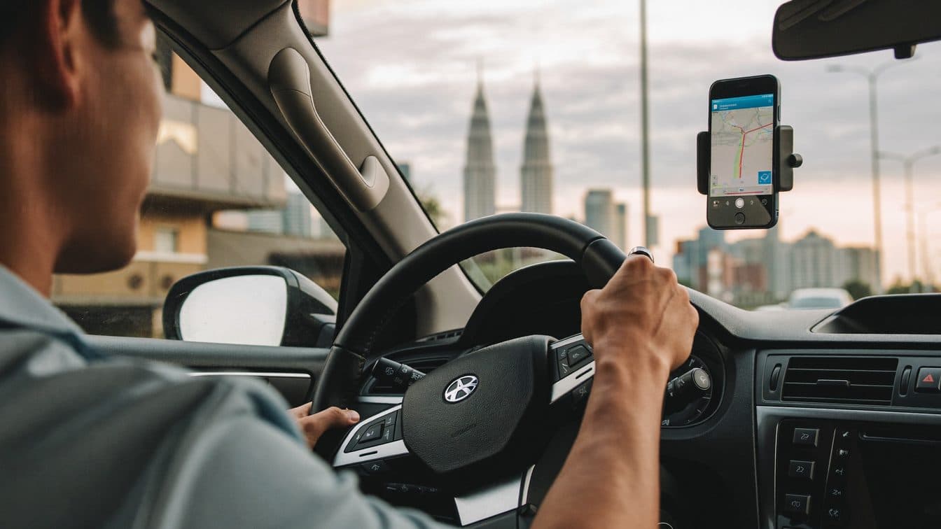Pemandu e-hailing di belakang stereng dengan aplikasi navigasi