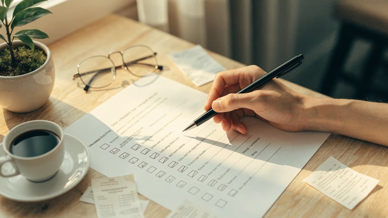 Hand ticking a printed tax relief checklist on a desk with coffee and receipts