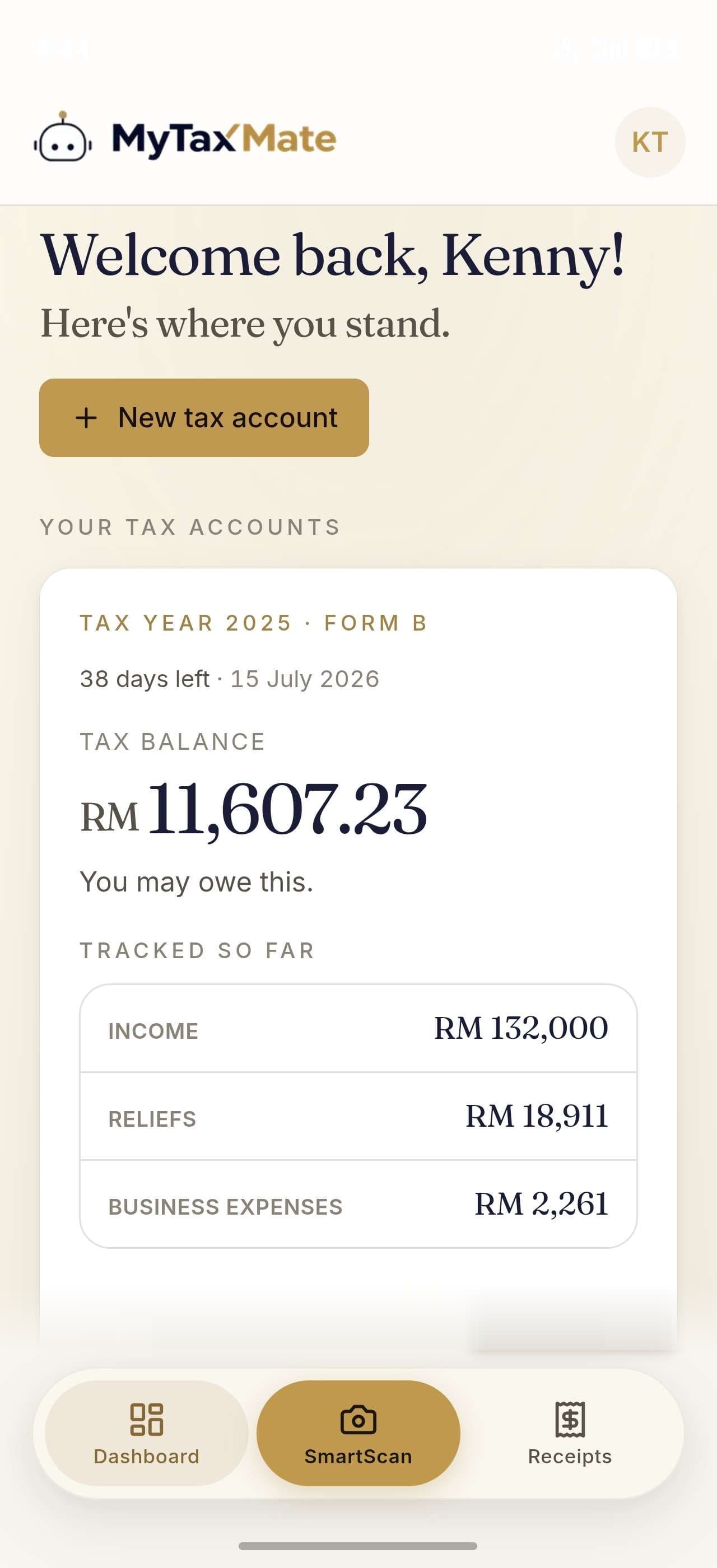 MyTaxMate dashboard showing your live tax balance with income, reliefs and business expenses tracked for the year