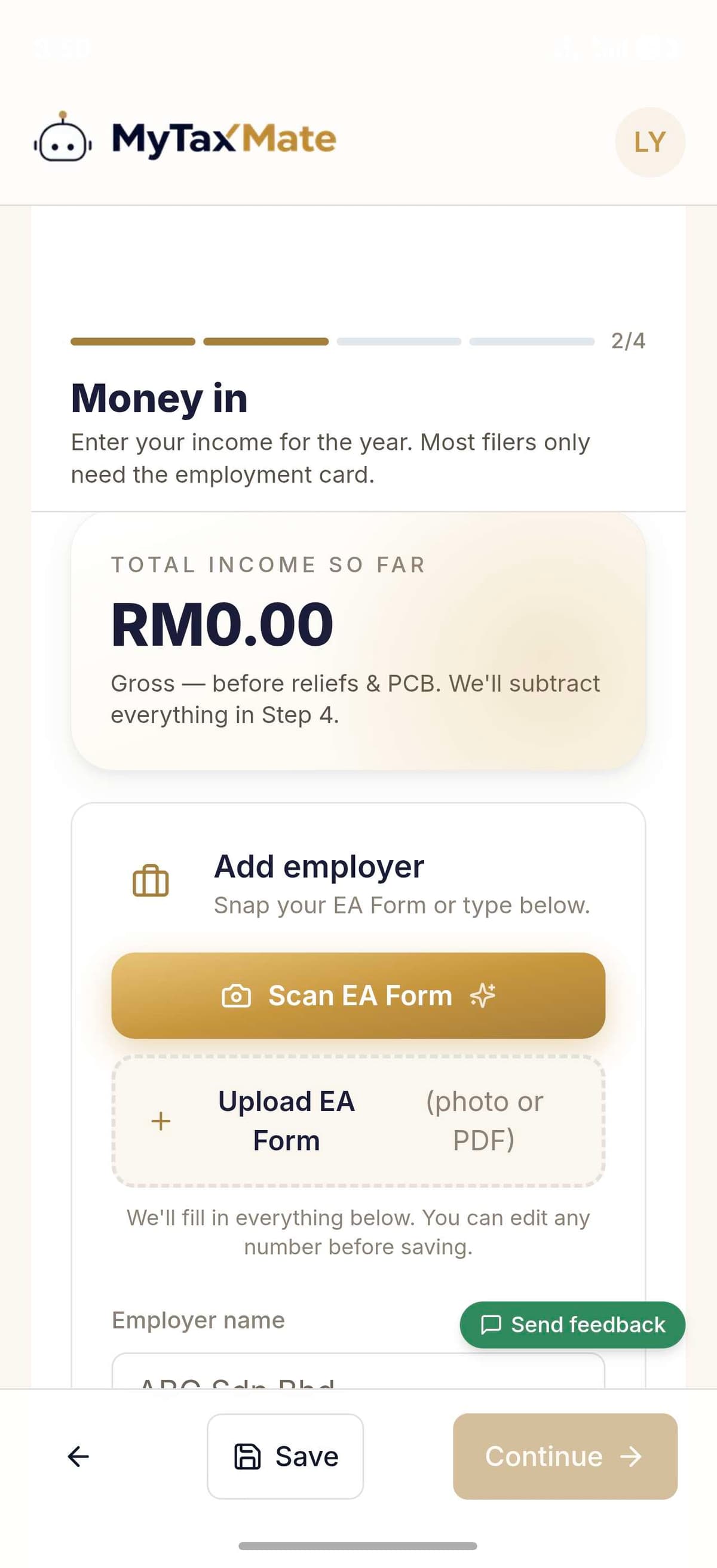 MyTaxMate Money in screen with a Scan EA Form button that reads salary, EPF and tax deducted automatically
